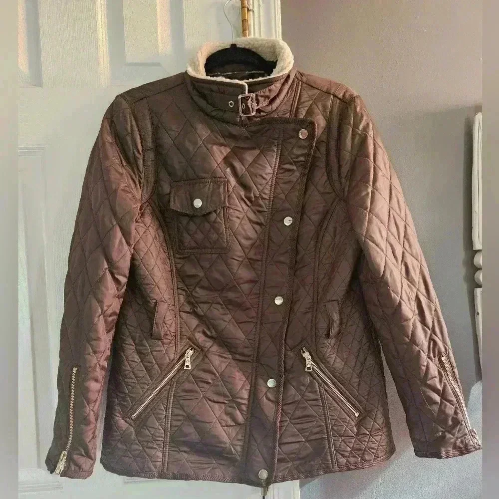 Sam Edelman Quilted Shearling Trim Zip Up Coat Women (M)